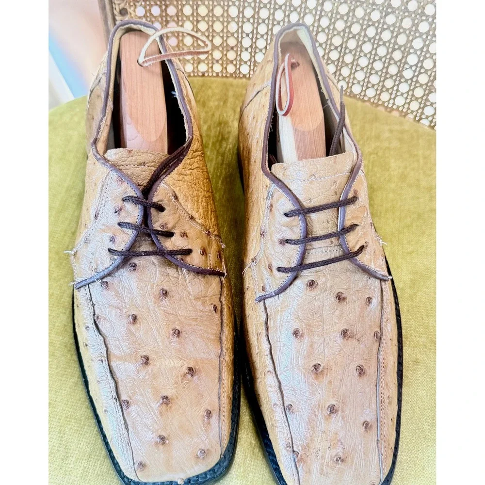 Men's Genuine Ostrich Leather Oxford Shoes Tan Square Toe 12